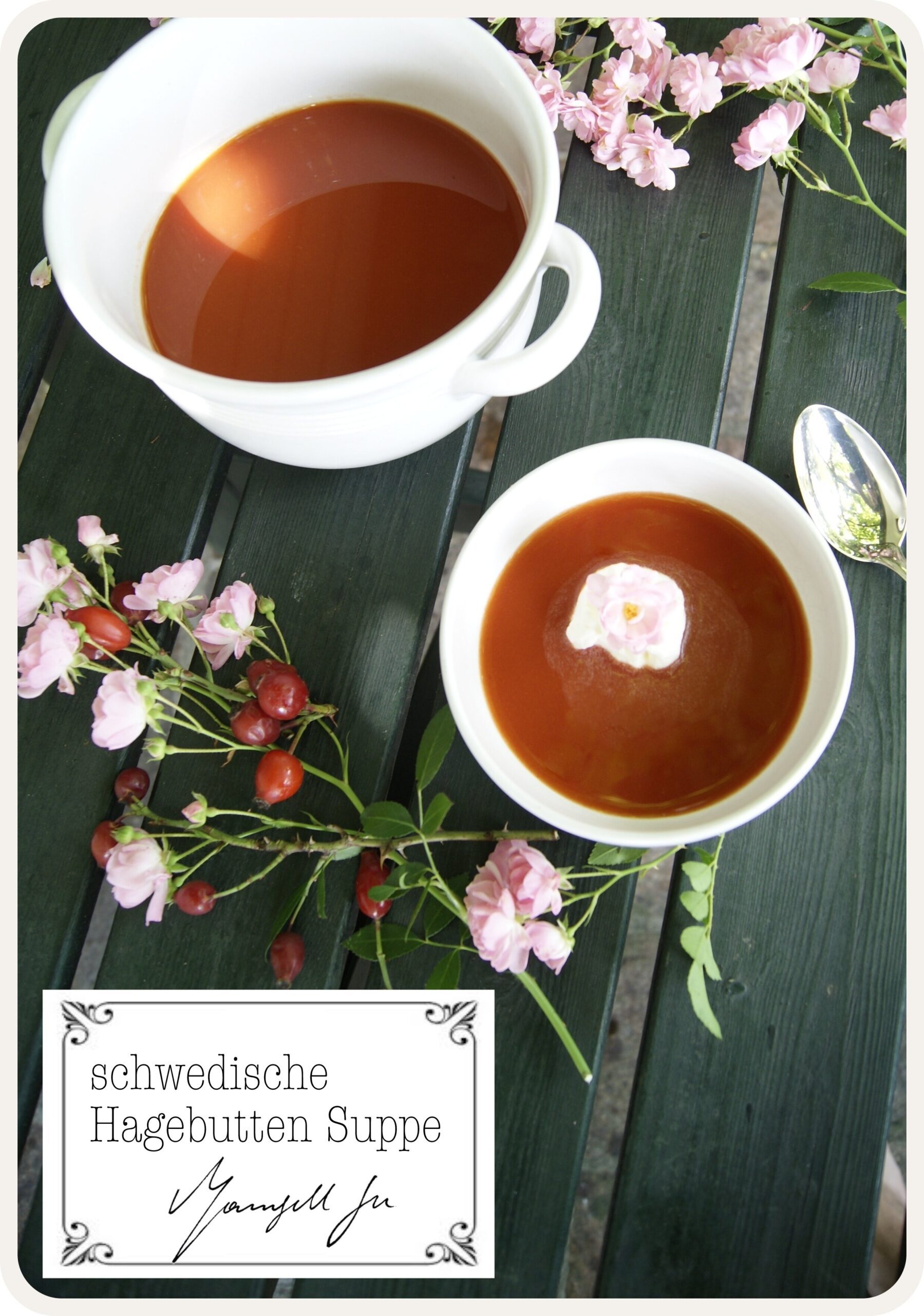 Rezept, Traditionelle schwedische Hagebuttensuppe mit Mandelbiskuit,  Traditional Swedish rosehip soup with almond biscuit, recipe, Hagebuttensuppe, Mandelbiskuit, rosehip soup, almond biscuit
